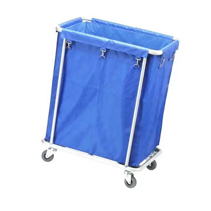 Cheaper Heavy Duty Square Steel Tube Linen Trolley Rolling Laundry Basket With Wheels For Hospital  Household And Hotel