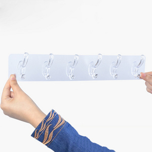 Household transparent six in row wall hook wall mounted  plastic sticky hooks kitchen non punching trackless wall hook