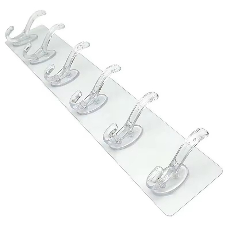 Household transparent six in row wall hook wall mounted  plastic sticky hooks kitchen non punching trackless wall hook