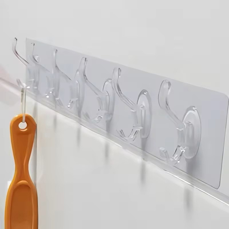 Household transparent six in row wall hook wall mounted  plastic sticky hooks kitchen non punching trackless wall hook