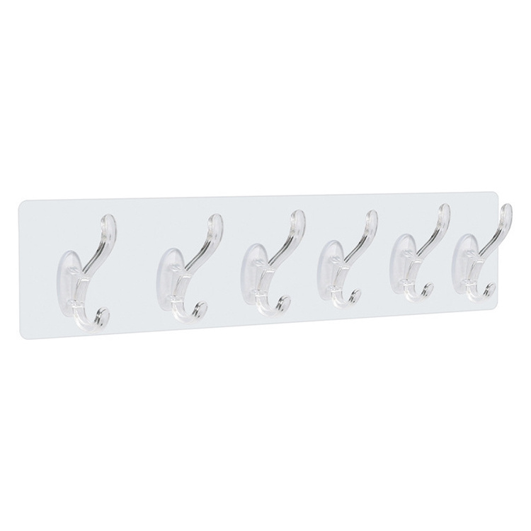 Household transparent six in row wall hook wall mounted  plastic sticky hooks kitchen non punching trackless wall hook