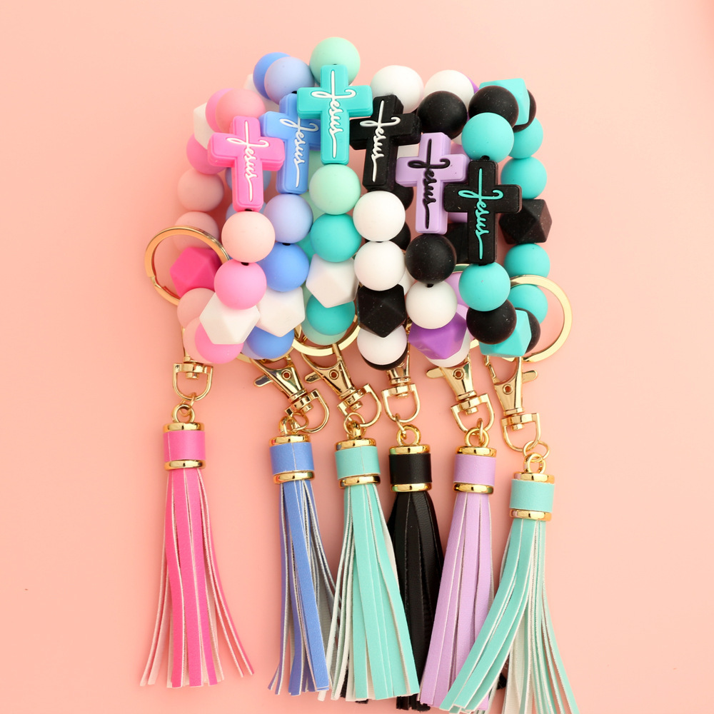 Wholesale Silicone Wristlet Keychain Silicone Bead Tassel Bracelet Key chain keyring Jewelry Gift Silicone CrossBangle Keychain