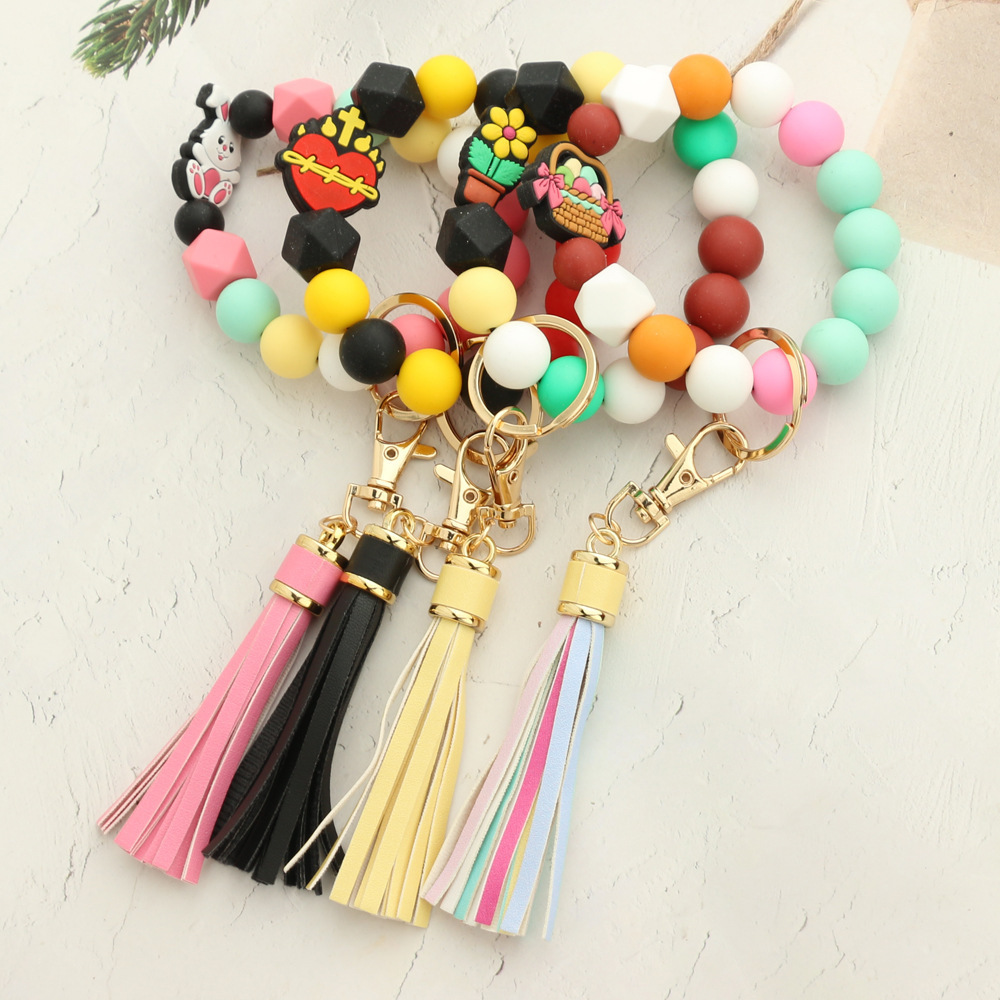 Wholesale Silicone Wristlet Keychain Silicone Bead Tassel Bracelet Key chain keyring Jewelry Gift Silicone CrossBangle Keychain