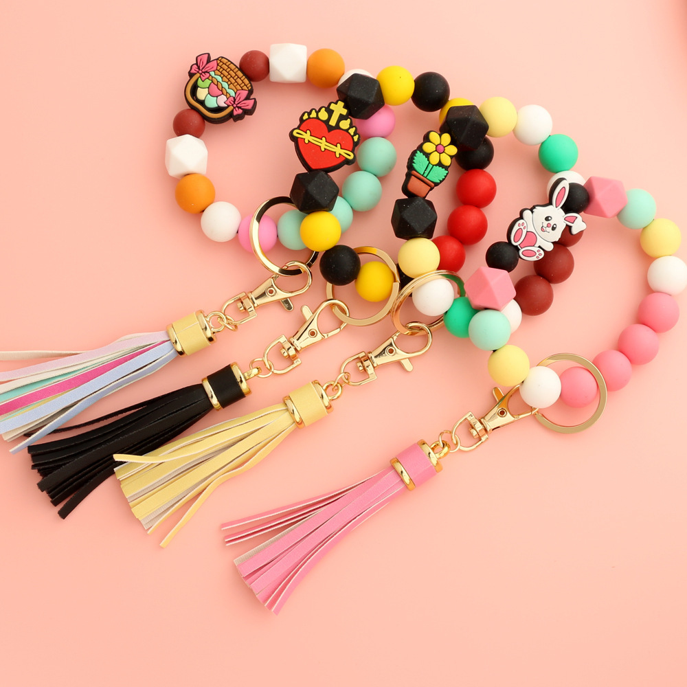 Wholesale Silicone Wristlet Keychain Silicone Bead Tassel Bracelet Key chain keyring Jewelry Gift Silicone CrossBangle Keychain