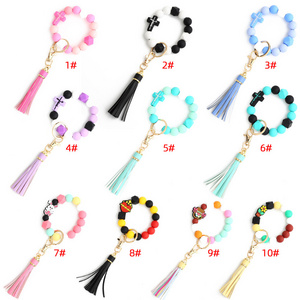 Wholesale Silicone Wristlet Keychain Silicone Bead Tassel Bracelet Key chain keyring Jewelry Gift Silicone CrossBangle Keychain