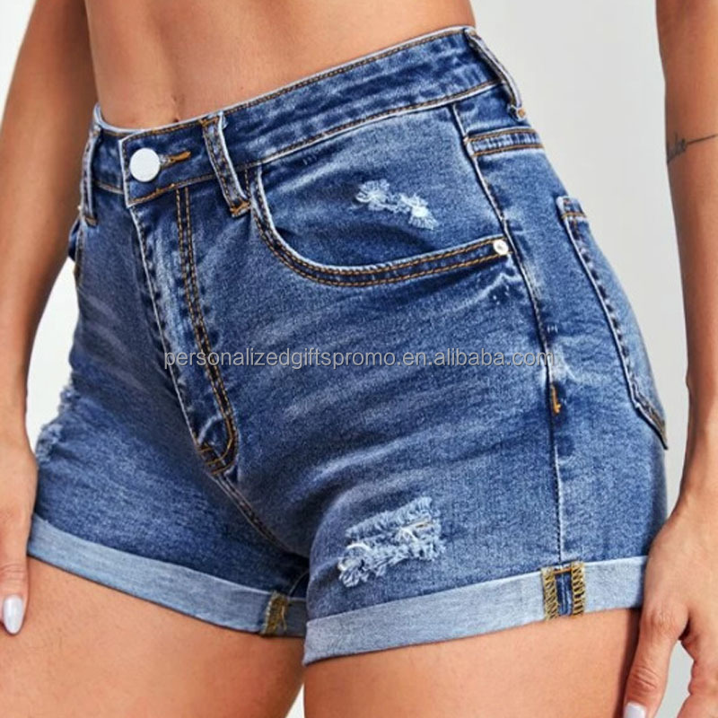 Womens Casual Elastic Denim Shorts Rolled Cuff Destroyed Jeans Shorts High Waist Teen Tight Pants  Hot Shorts