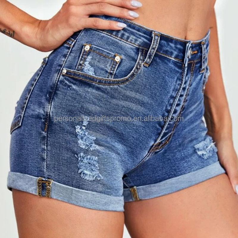 Womens Casual Elastic Denim Shorts Rolled Cuff Destroyed Jeans Shorts High Waist Teen Tight Pants  Hot Shorts