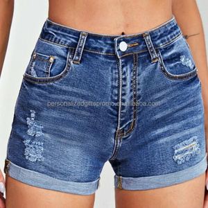 Womens Casual Elastic Denim Shorts Rolled Cuff Destroyed Jeans Shorts High Waist Teen Tight Pants  Hot Shorts