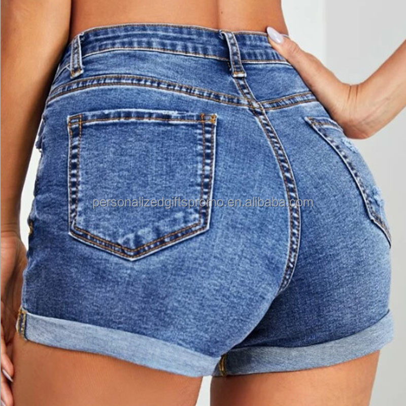 Womens Casual Elastic Denim Shorts Rolled Cuff Destroyed Jeans Shorts High Waist Teen Tight Pants  Hot Shorts