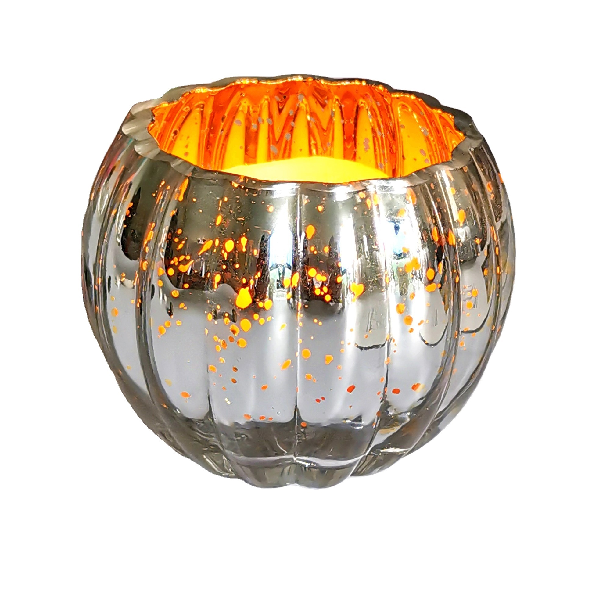 Wholesale silver colored embossed glass tealight candle holder fancy pumpkin shaped glass votive candle holder for decor