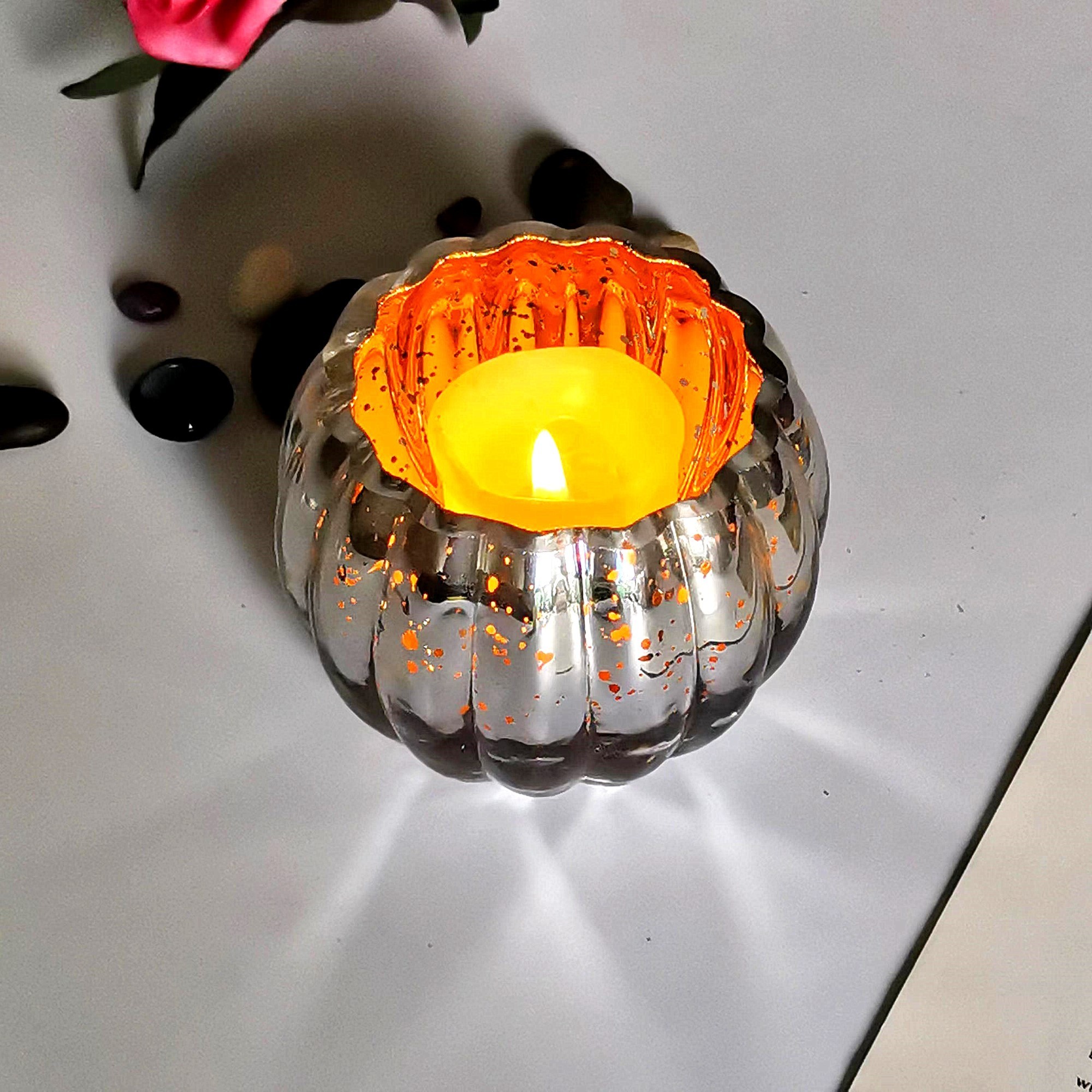 Wholesale silver colored embossed glass tealight candle holder fancy pumpkin shaped glass votive candle holder for decor