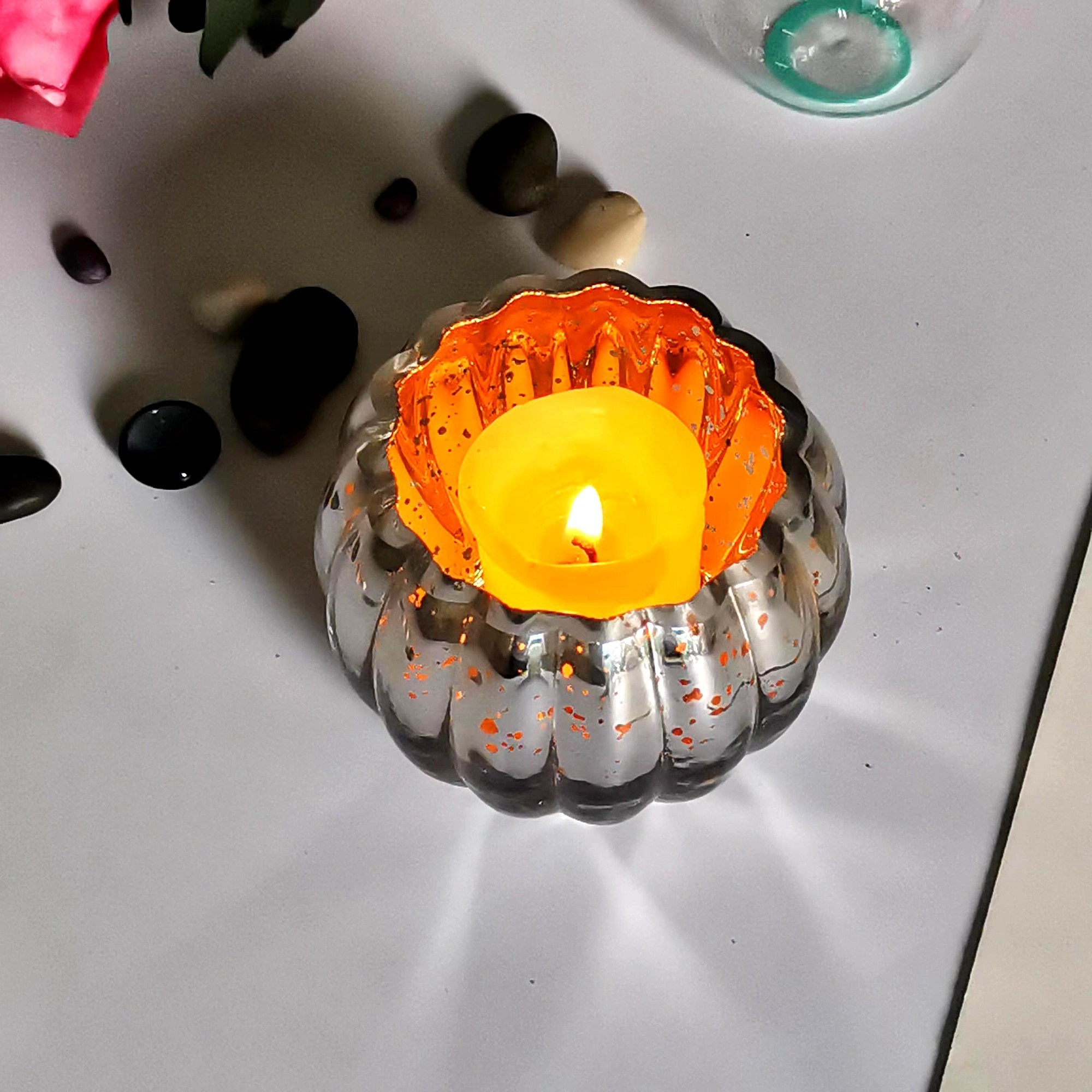 Wholesale silver colored embossed glass tealight candle holder fancy pumpkin shaped glass votive candle holder for decor