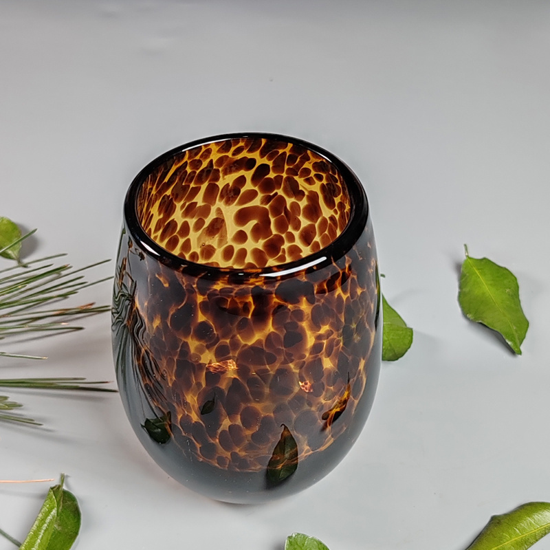 Hand Blown Amber Confetti Wine Glasses Tortuga Tortoise Shell colored Stemless Wine Glass Cup Drinking Wine Tumbler Glasses