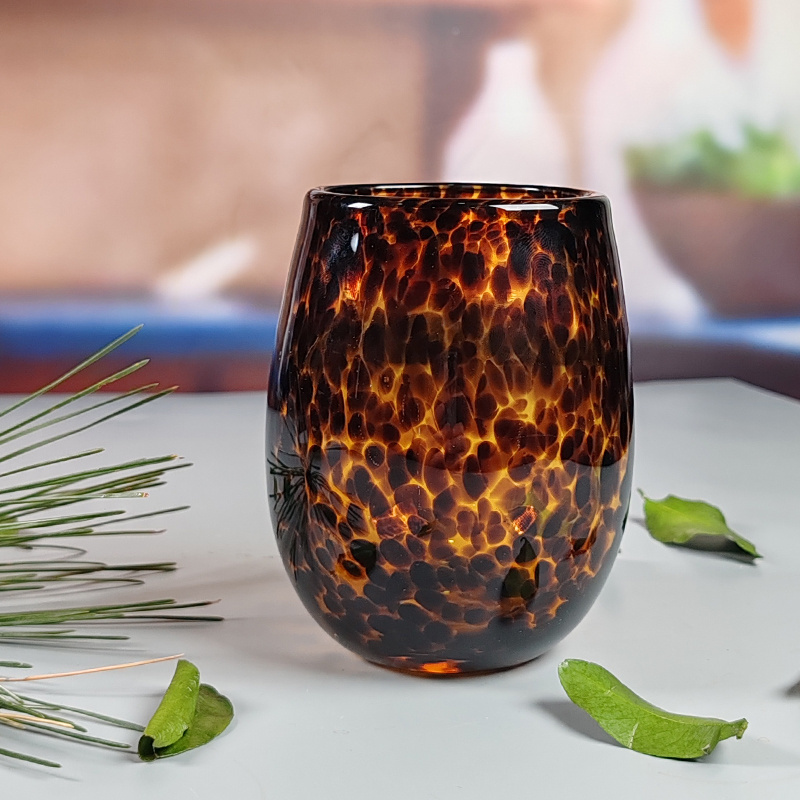 Hand Blown Amber Confetti Wine Glasses Tortuga Tortoise Shell colored Stemless Wine Glass Cup Drinking Wine Tumbler Glasses