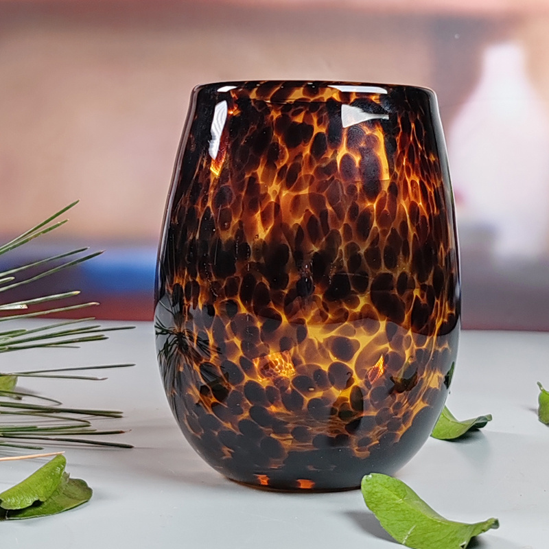 Hand Blown Amber Confetti Wine Glasses Tortuga Tortoise Shell colored Stemless Wine Glass Cup Drinking Wine Tumbler Glasses