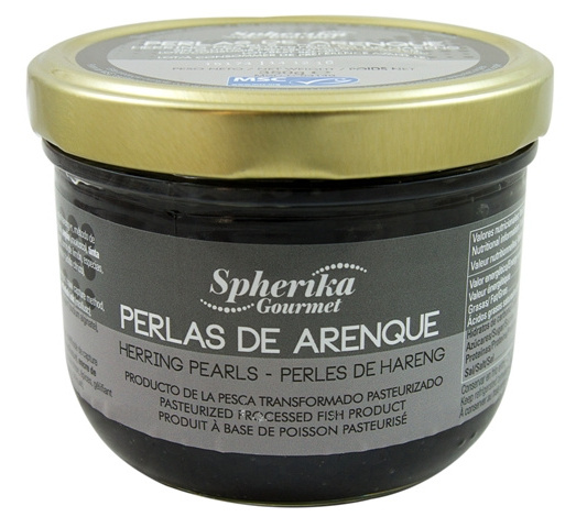 Smoked herring pearls - Black (350g)12 oz glass seafood ecolabel spherifications spheres alginate decoration garnish fish foodie