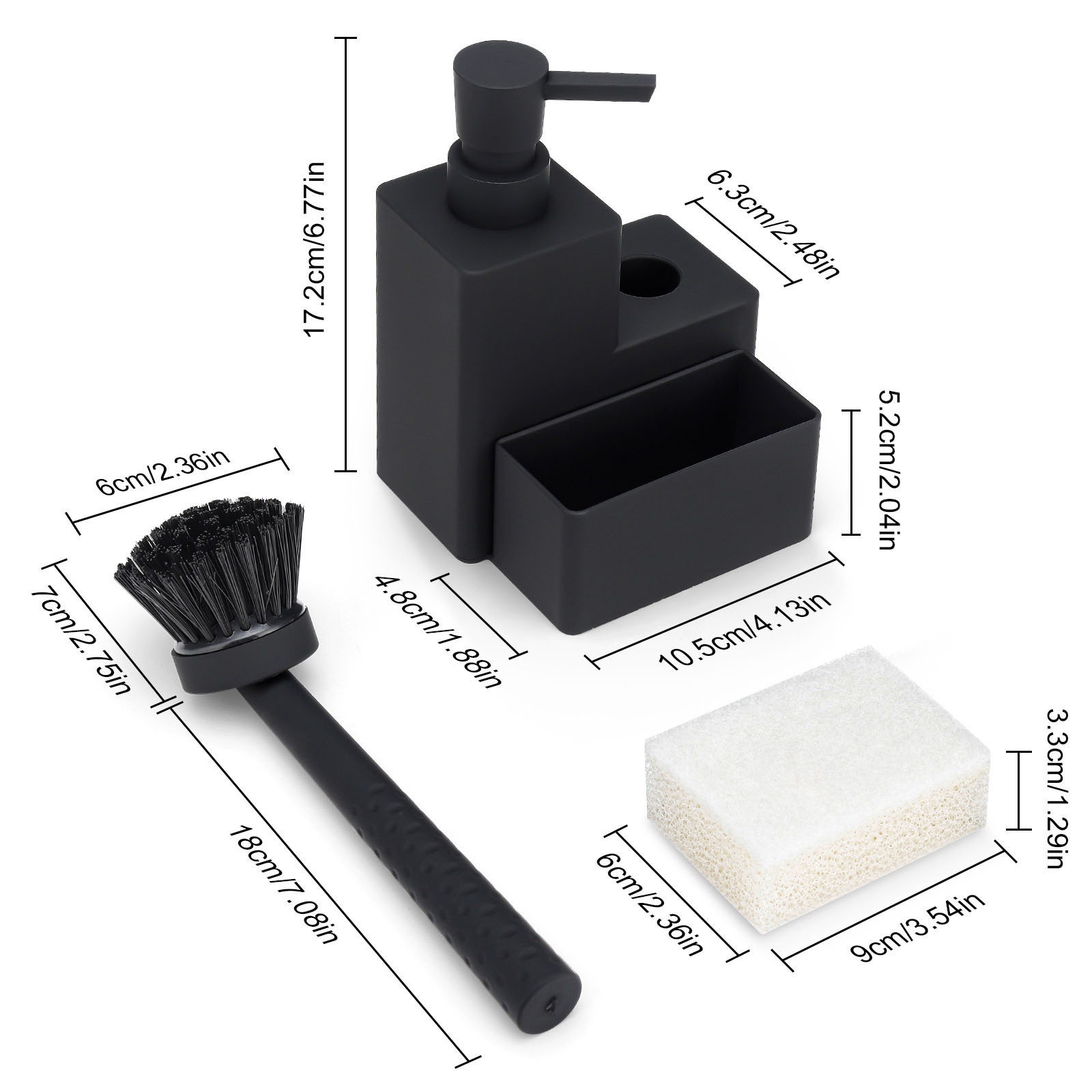 Kitchen Soap Dispenser 3 in1 Black Square With Dishwashing Brush Sponge Holder