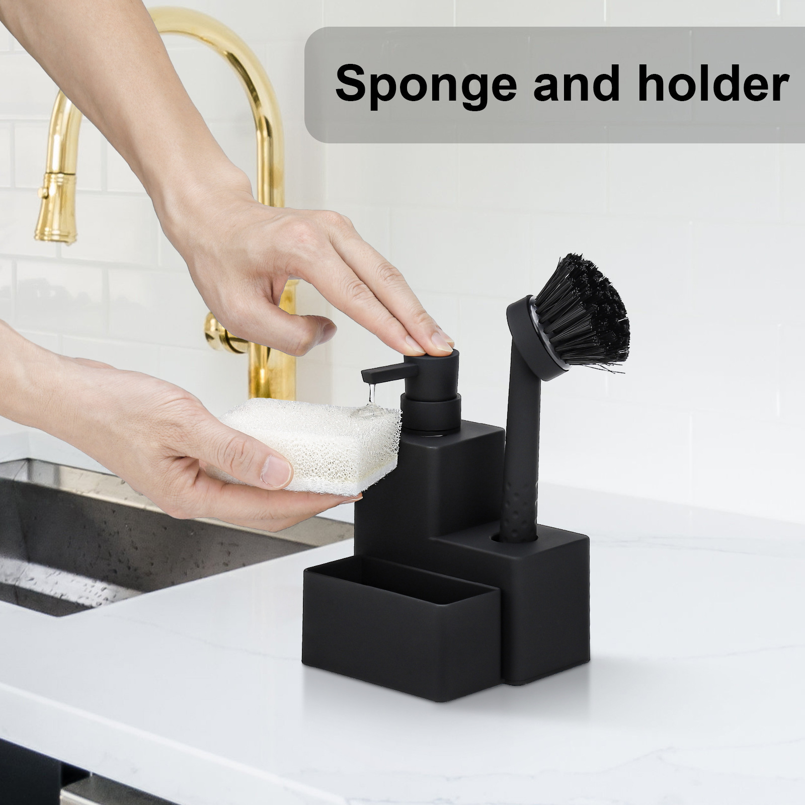 Kitchen Soap Dispenser 3 in1 Black Square With Dishwashing Brush Sponge Holder