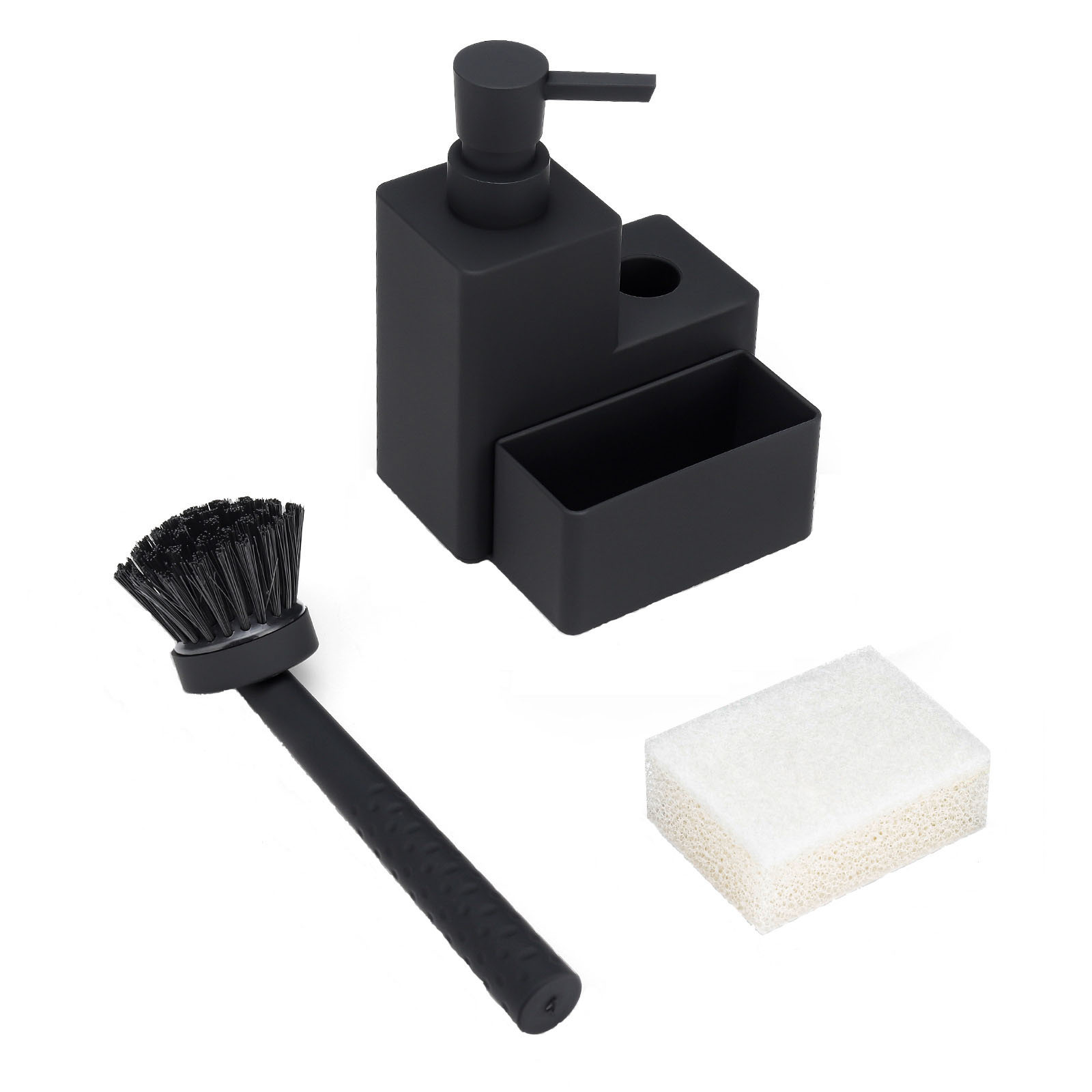 Kitchen Soap Dispenser 3 in1 Black Square With Dishwashing Brush Sponge Holder