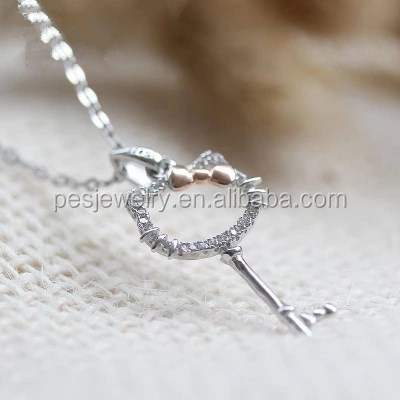 PES Fine Jewelry! Generous! Pave Clear CZ Hello Kitty Key Pendant Necklace