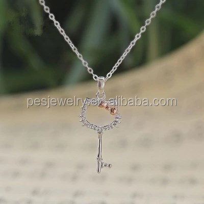 PES Fine Jewelry! Generous! Pave Clear CZ Hello Kitty Key Pendant Necklace