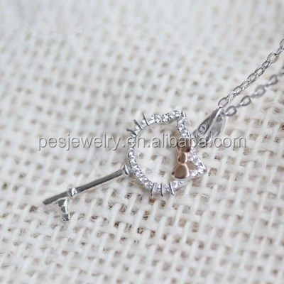 PES Fine Jewelry! Generous! Pave Clear CZ Hello Kitty Key Pendant Necklace