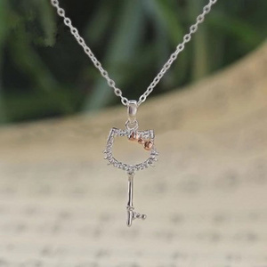 PES Fine Jewelry! Generous! Pave Clear CZ Hello Kitty Key Pendant Necklace