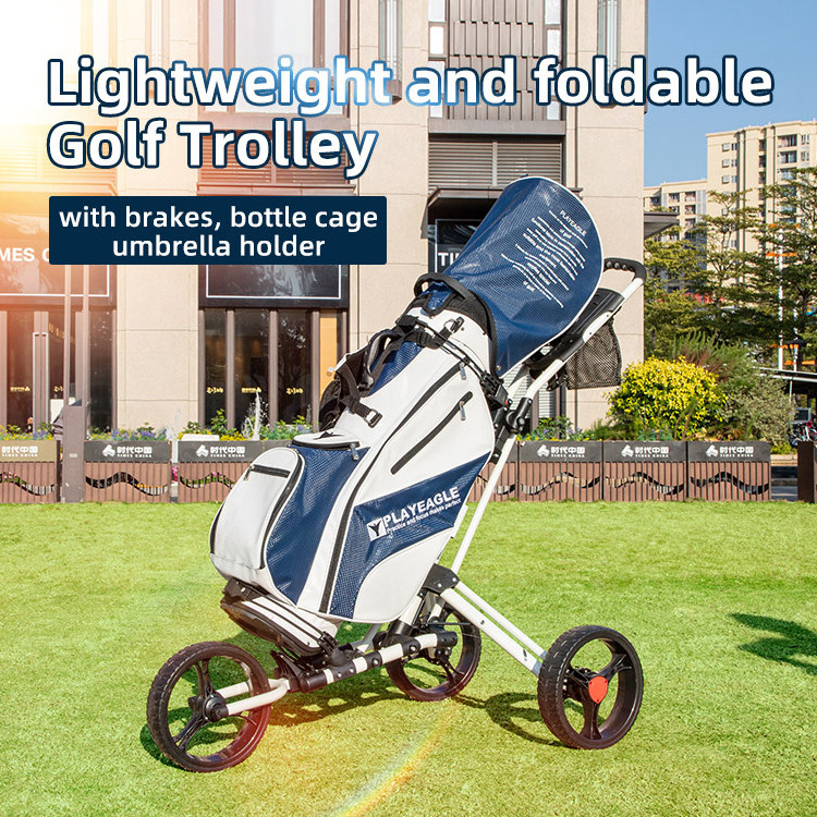 PLAYEAGLE Golf Push Cart Swivel  Golf Cart bag pull cart  Foldable 3 Wheels Golf Trolley with Umbrella Holder