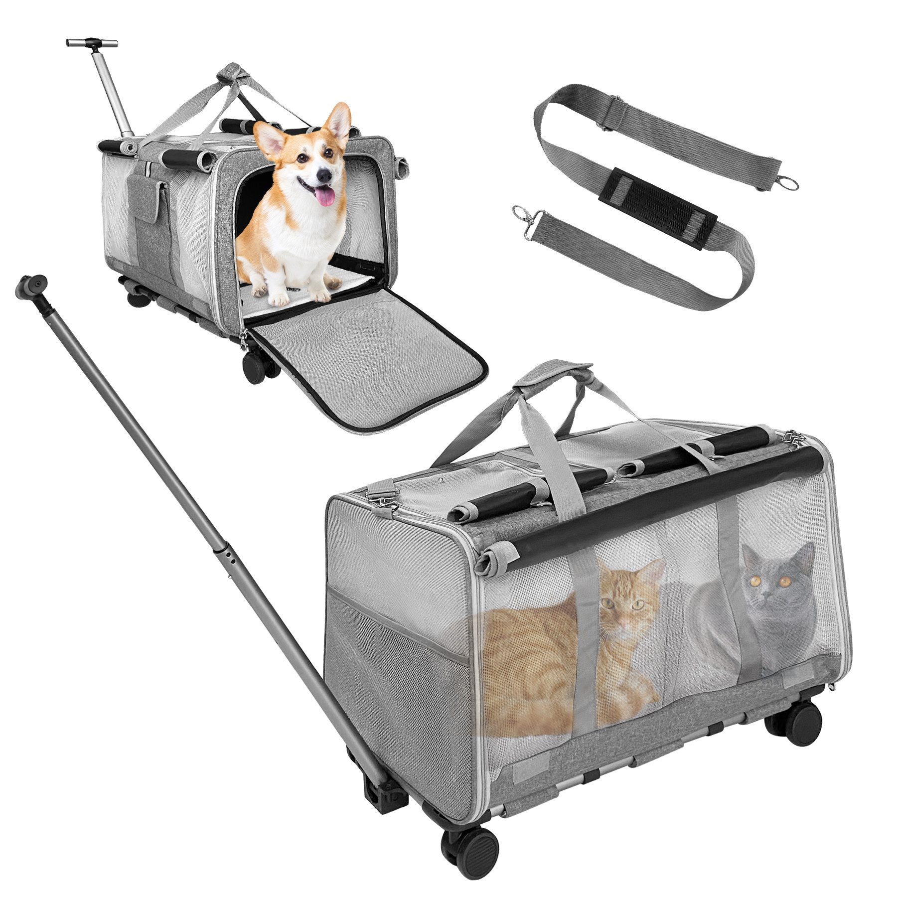 Rolling Pet Carrier with Detachable Rod Platform and Wheels Large Dog Cat Carrier with Wheels for up to 50lbs