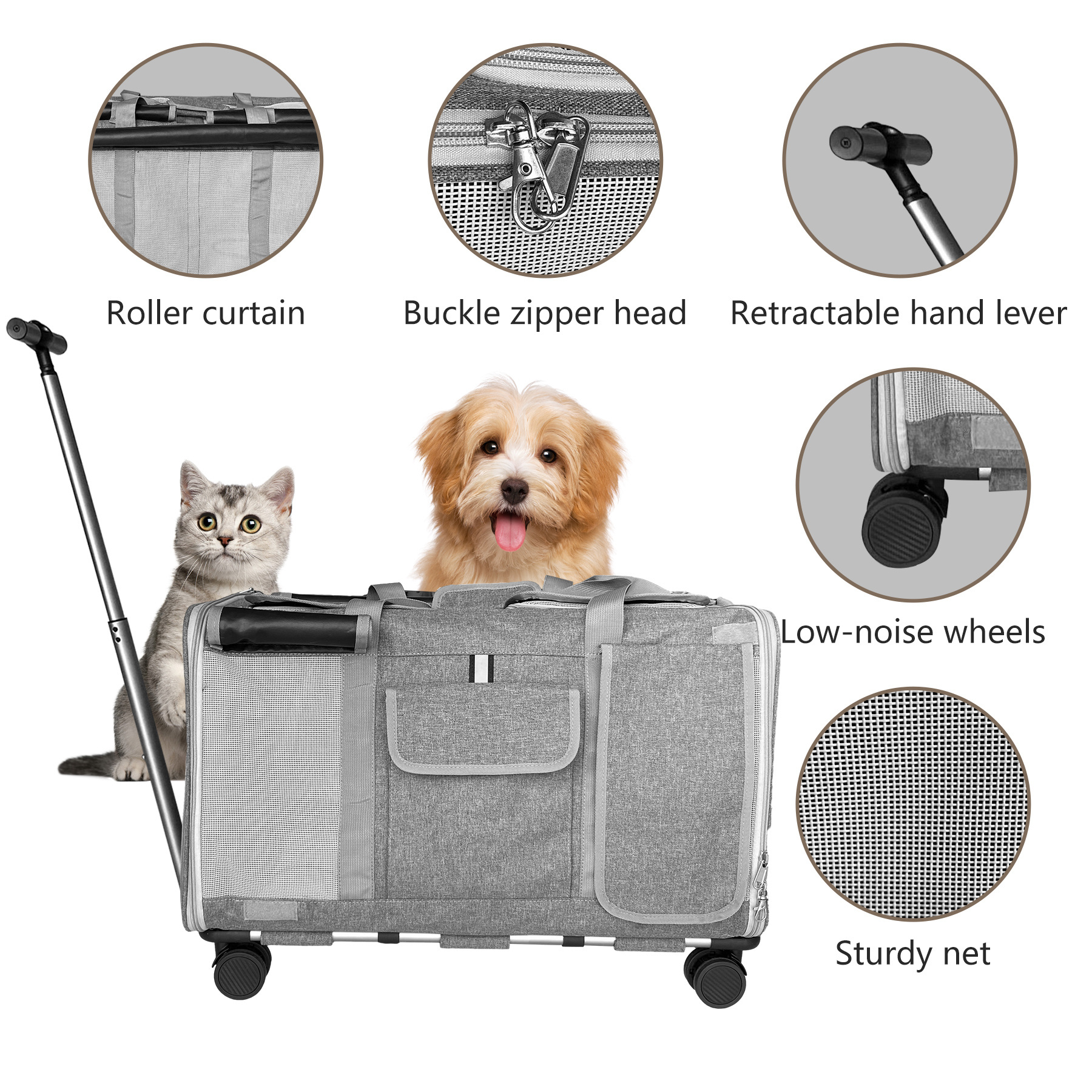 Rolling Pet Carrier with Detachable Rod Platform and Wheels Large Dog Cat Carrier with Wheels for up to 50lbs