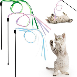 Blue Cat Ribbon Wand Toys Interactive Cat Rainbow Wand String Toys for Indoor Cats Colorful Ribbon Charmer for Kittens