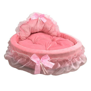 wholesale Oval fluffy dog Pad Cat Nest with Bow pet Bed Soft Lace pink Princess Pet cat Nest cat Teddy Bed