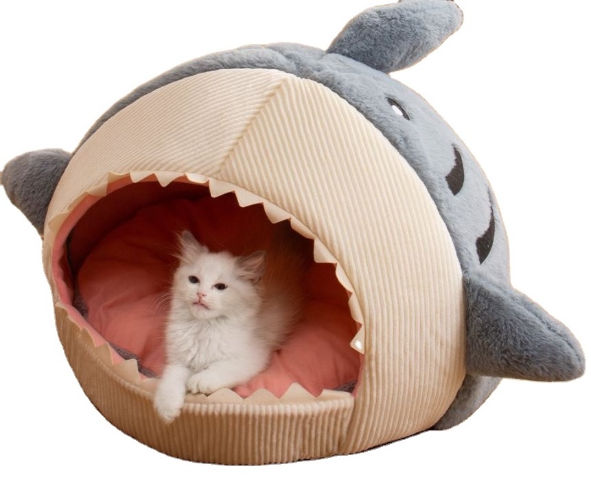 Fluffy warming Indoor winter cat house dog nest small Shark Animal Shaped soft pet Nest Cat Dog Pet Cave Bed