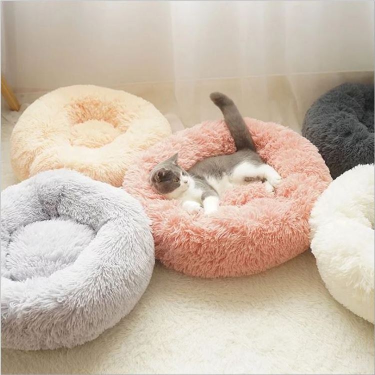 Comfortable winter calming luxury dog pillow Soft Pet Dog Mat Sofa Fluffy Cute Dogs Kennel cats bed Plush Donut Round puppy Bed