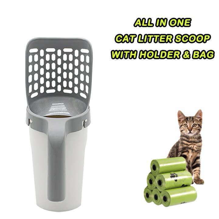 Pet Clean Set Portable Cat Litter Sifter Shovel Poop Bag Container Integrated Detachable Deep Cat Litter Scooper Holder With Bag