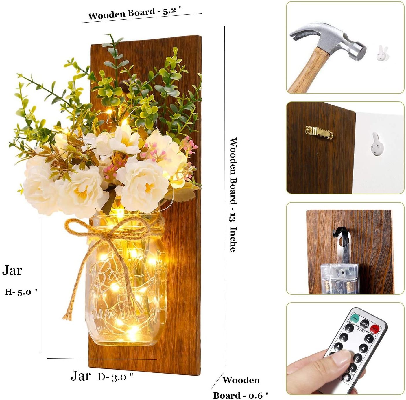 Rustic Wall Sconces Mason Jar Sconces Handmade Wall Art Hanging Design with Remote Control LED Fairy Lights and White Peony