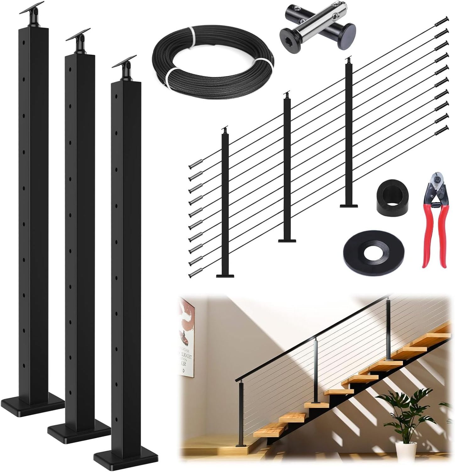 Decking Railings Stair Cable Railing Post Kit Fit for Stair Include 3Pack Black Railing Posts