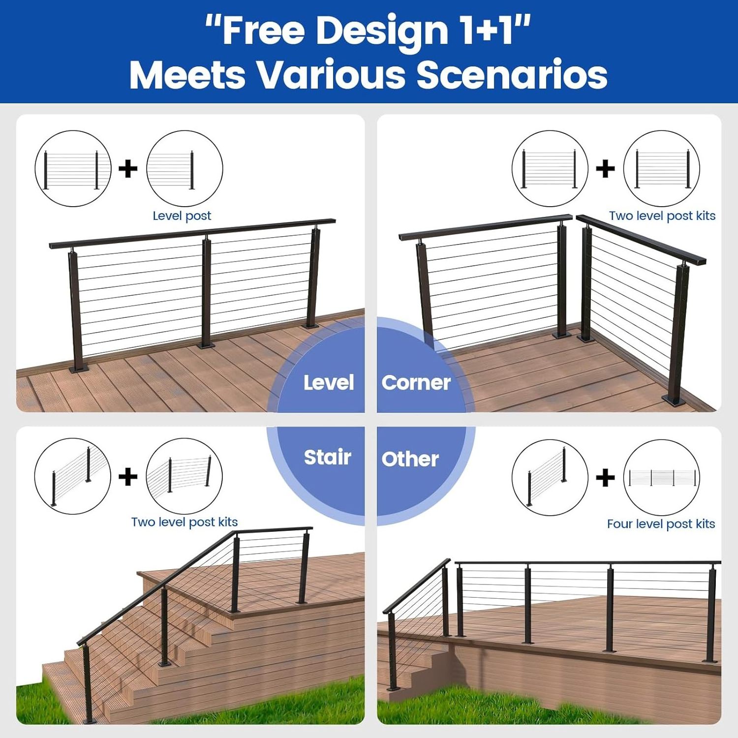 Decking Railings Stair Cable Railing Post Kit Fit for Stair Include 3Pack Black Railing Posts