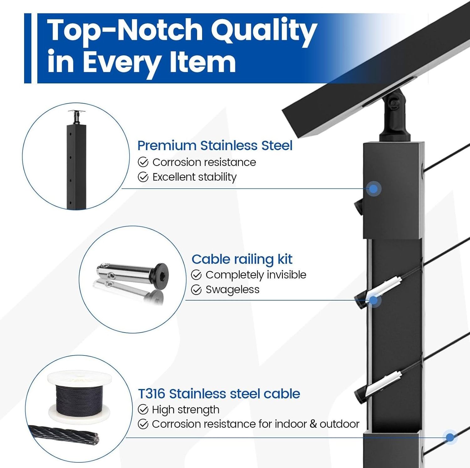 Decking Railings Stair Cable Railing Post Kit Fit for Stair Include 3Pack Black Railing Posts