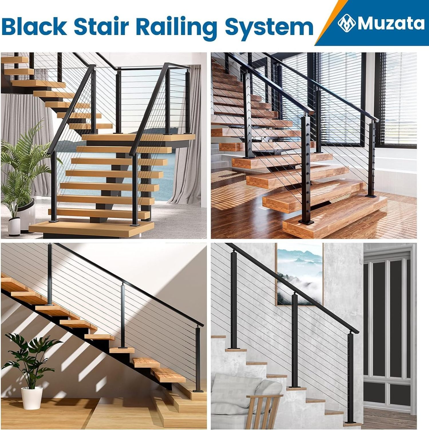 Decking Railings Stair Cable Railing Post Kit Fit for Stair Include 3Pack Black Railing Posts