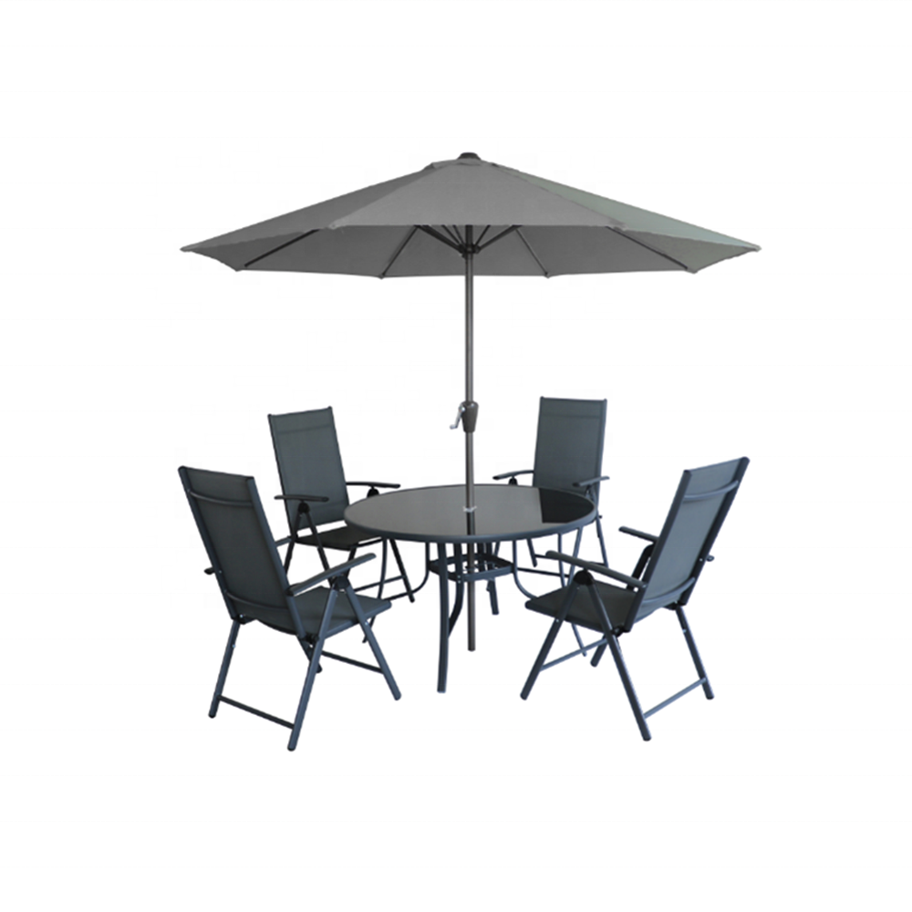 6-piece Patio Set 6pcs Outdoor Sling Dining Furniture Set with 4 Seats Foldable Chair Round Terrace Table Plus Parasol