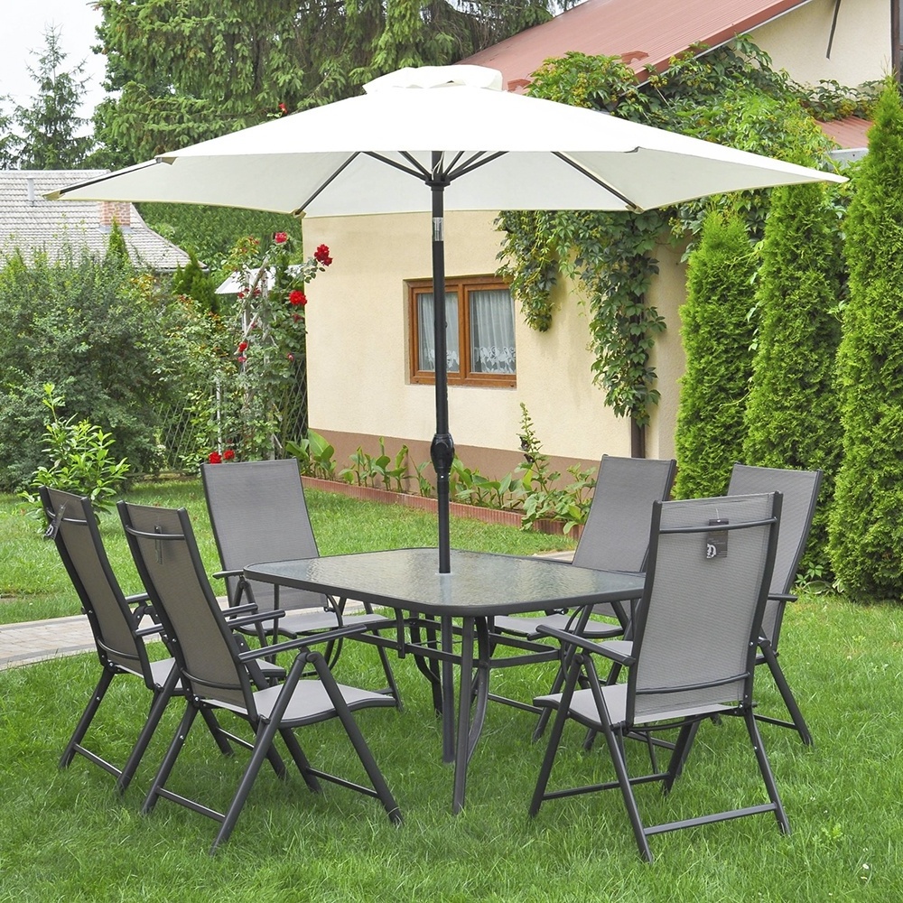 8-piece Black Iron Metal Outdoor Furniture All Weather Garden Patio Leisure Stainless Steel Table Sets with Umbrellas