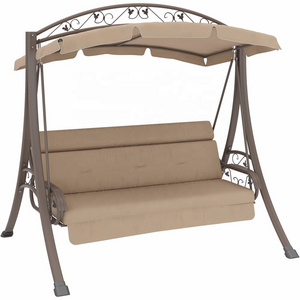 Deluxe Patio Swing with Heavy Duty Steel Frame Beige Cushions and Canopy Seats 3 People for Patio Porch or Yard