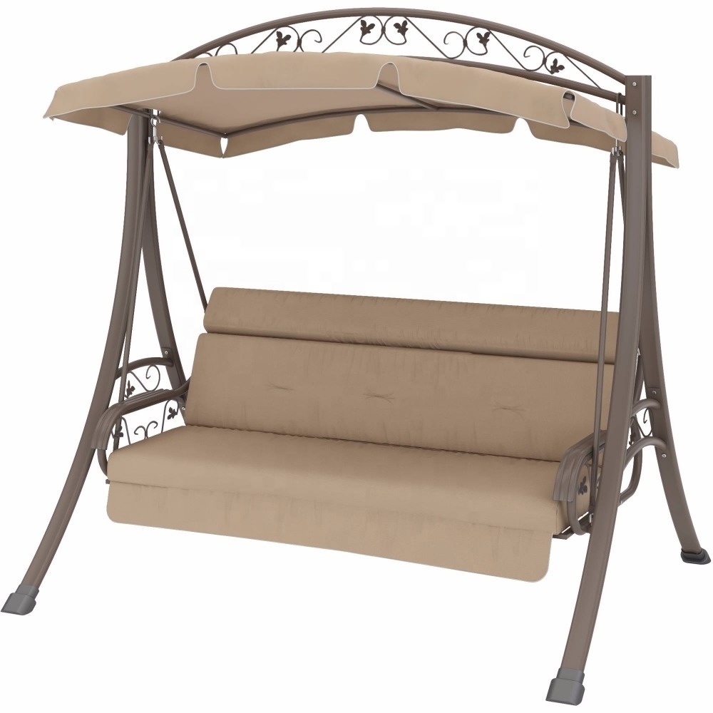 Deluxe Patio Swing with Heavy Duty Steel Frame Beige Cushions and Canopy Seats 3 People for Patio Porch or Yard