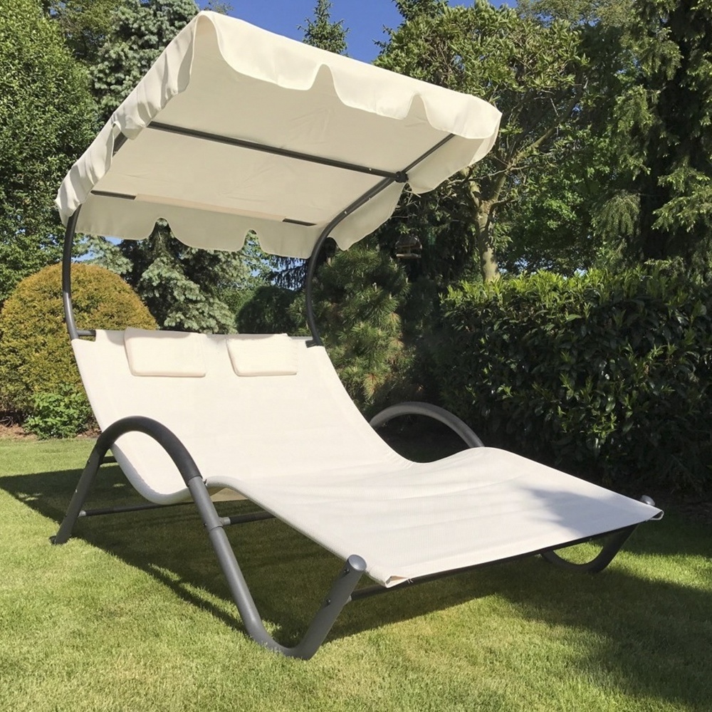 PL303 Double Patio Chaise Lounge Chairs with Canopy and Pillows Sun Bed and Lounger