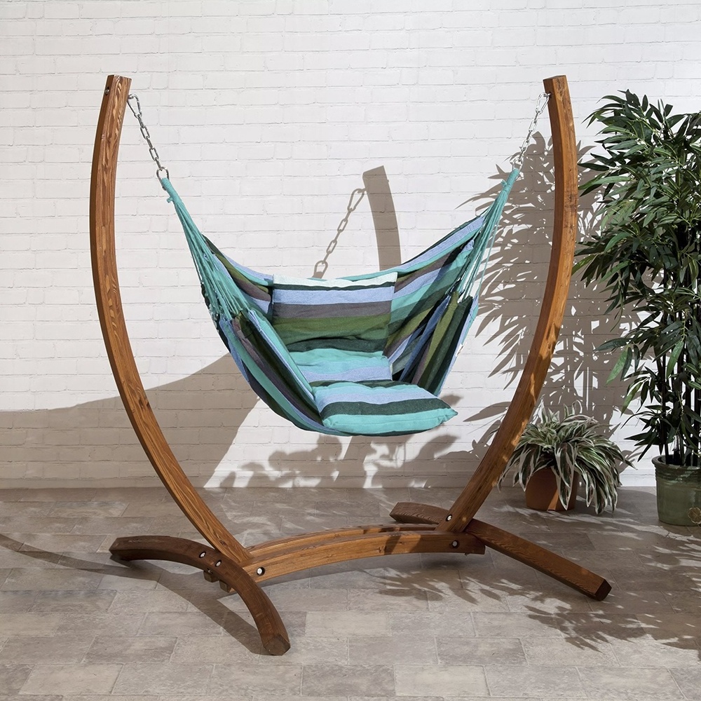 Wooden Stand Hammock Chair with Striped Fabric Leisure Swing