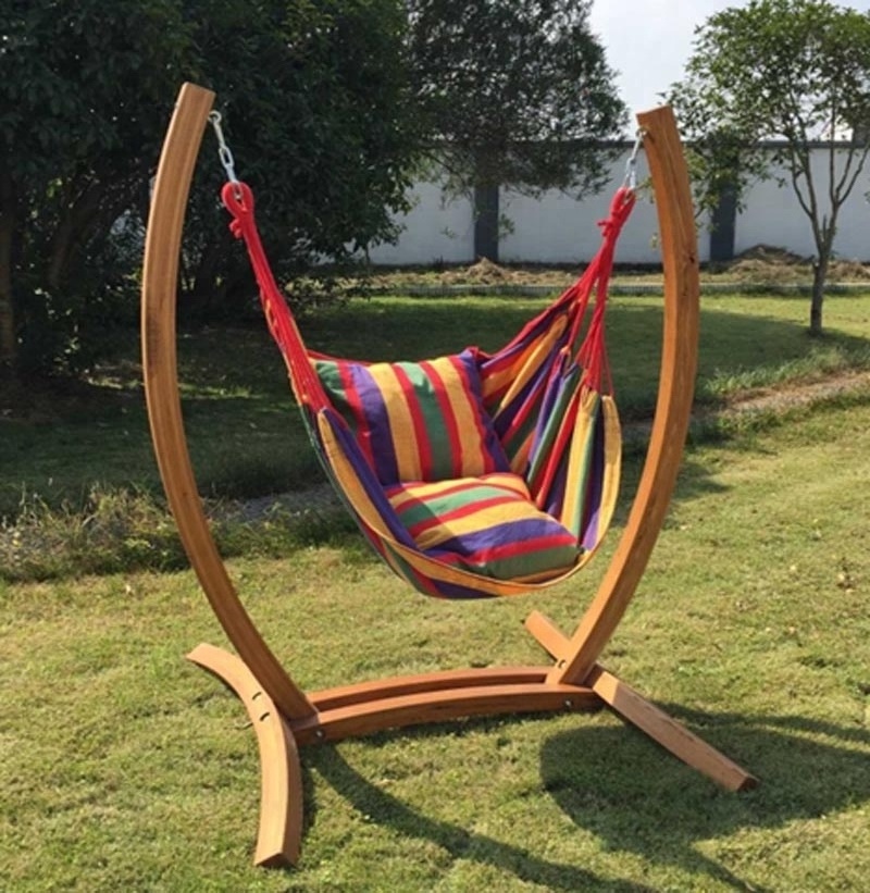 Wooden Stand Hammock Chair with Striped Fabric Leisure Swing