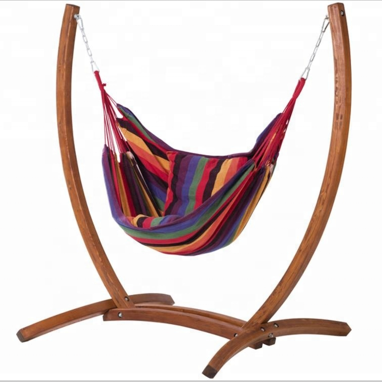 Wooden Stand Hammock Chair with Striped Fabric Leisure Swing