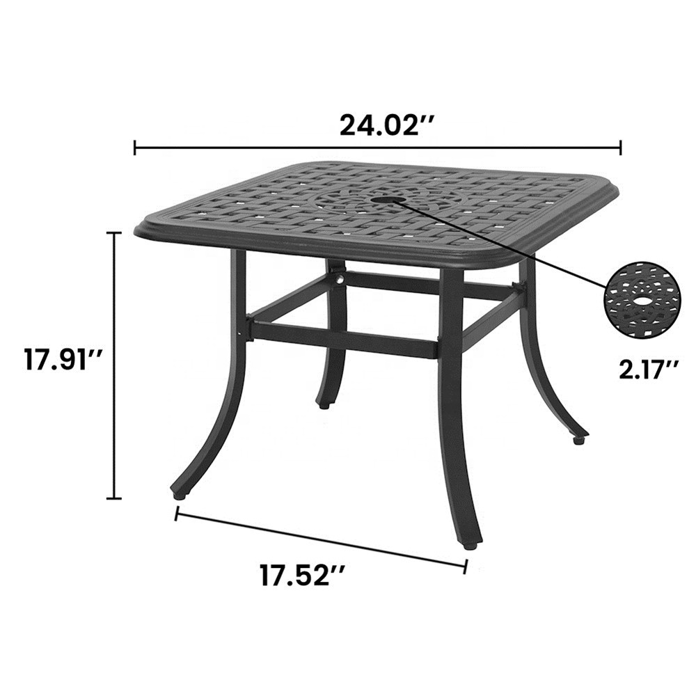 Cast Aluminum Black Square Patio Side Table Outdoor Market Umbrella Coffee Bistro Table with Center Hole