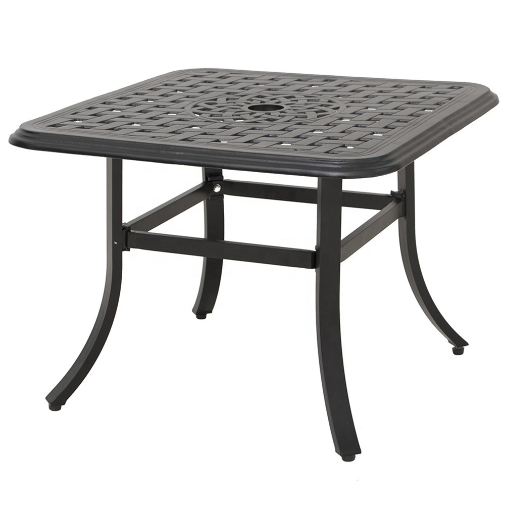 Cast Aluminum Black Square Patio Side Table Outdoor Market Umbrella Coffee Bistro Table with Center Hole